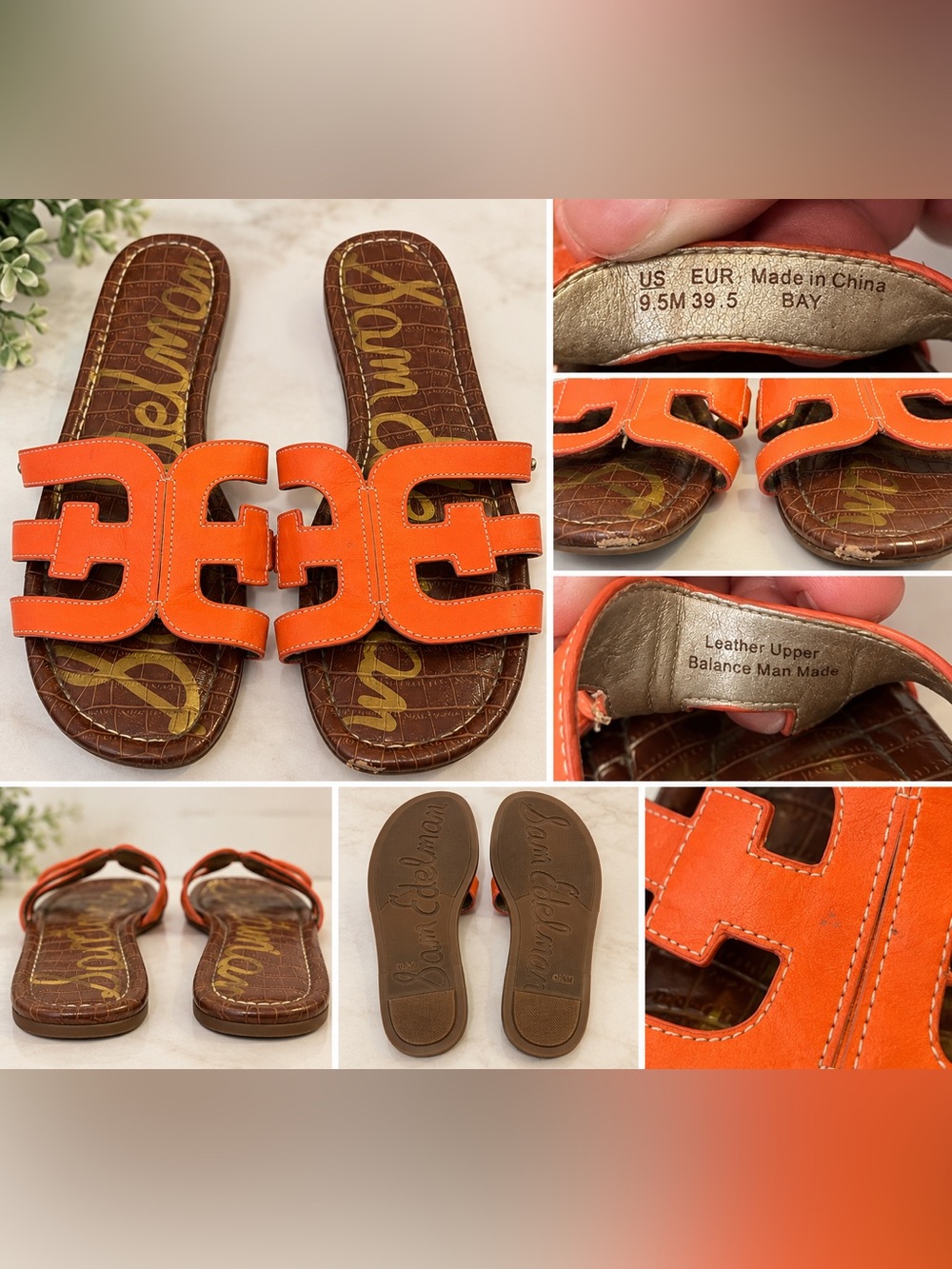 Sam Edelman Bay Orange Leather Logo Slide Sandals Women’s Size 9.5
